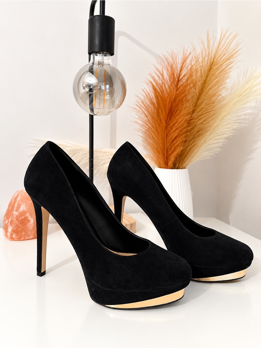 Aldo Black Suede Platform Stiletto Pumps with Gold Accent